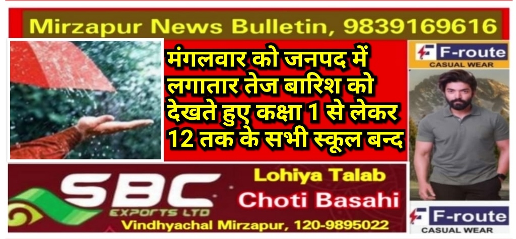 मिर्ज़ापुर जिलाधिकारी के निर्देश पर तेज बारिश को देखते हुए 1 से 12 तक के सभी स्कूल बन्द