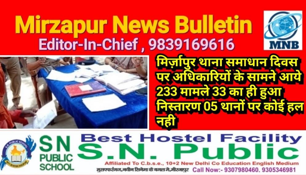मिर्ज़ापुर थाना समाधान दिवस पर अधिकारियों के सामने आये 233 मामले 33 का ही हुआ निस्तारण 05 थानों पर कोई हल नही