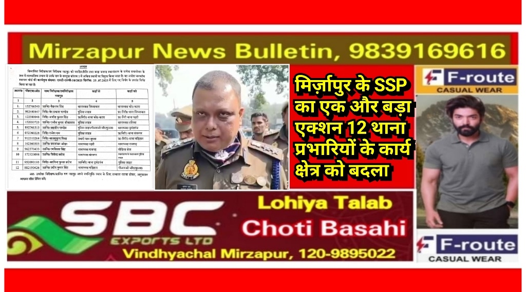 मिर्ज़ापुर एसएसपी का बीती रात एक और बड़ा एक्शन 12 थानाध्यक्षो व थाना प्रभारियों के कार्य क्षेत्र को बदला