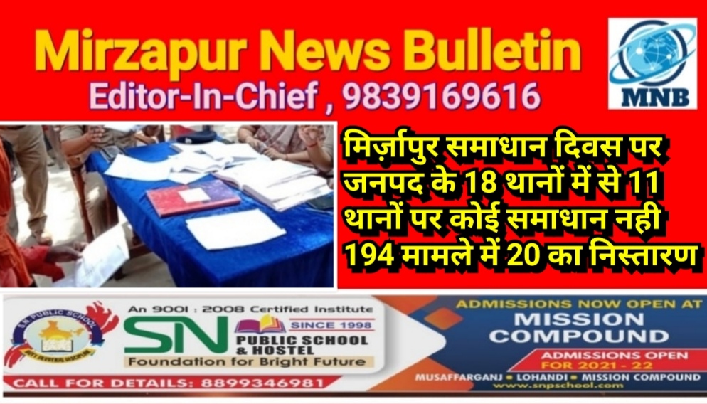 मिर्ज़ापुर समाधान दिवस पर जनपद के 18 थानों में से 11 थानों पर कोई समाधान नही 194 मामले में 20 का निस्तारण