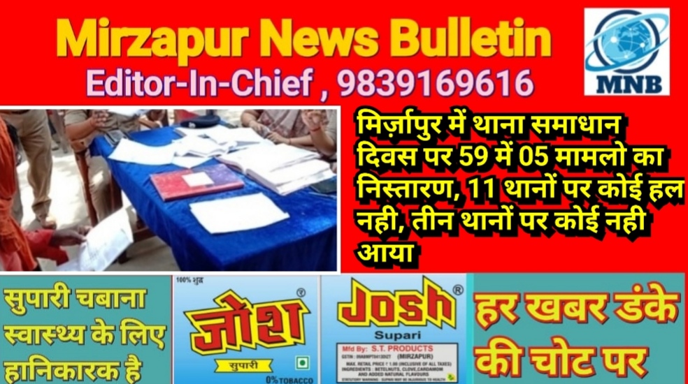 मिर्ज़ापुर थाना समाधान दिवस पर 59 में 05 का निस्तारण, 11 थानों पर कोई समाधान नही, तीन थानों पर कोई नही आया