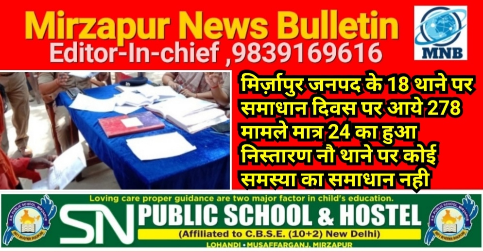 मिर्ज़ापुर जनपद के 18 थानो पर समाधान दिवस पर आये 278 मामले 24 का हुआ निस्तारण नौ थाने पर कोई समाधान नही