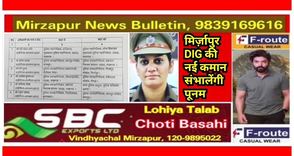 मिर्ज़ापुर विंध्याचल परिक्षेत्र की DIG बनी पूनम यूपी में 6 आईपीएस अफसरों के तबादले