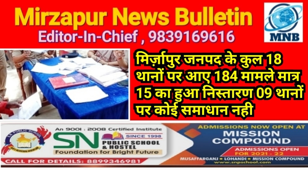 मिर्ज़ापुर जनपद के कुल 18 थानों पर आए 184 मामले मात्र 15 का हुआ निस्तारण 09 थानों पर कोई समाधान नही